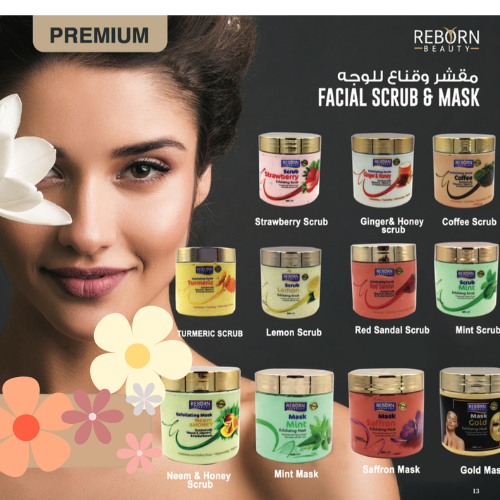 Reborn Beauty Facial Scrub & Mask 500ml – Deep Cleansing, Brightening & Exfoliating Skincare – Available in Strawberry, Coffee, Turmeric, Mint, Neem & More – UAE