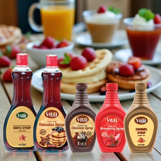 Vital Syrups Collection – Strawberry, Chocolate, Caramel, Pancake & Maple | Premium Dessert & Breakfast Syrups | Carton of 12 Each